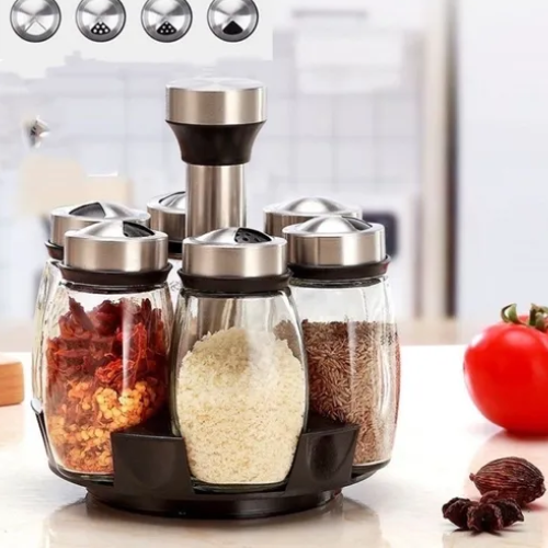 Porta Condimentos Giratório Inox C/ 6 Potes De Vidro Cor Preto